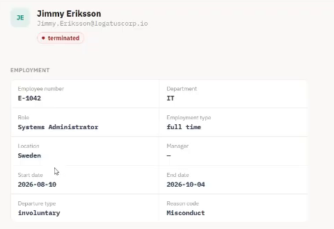 Recording excerpt: Jimmy Eriksson's Elytra employee record with the Terminated badge.