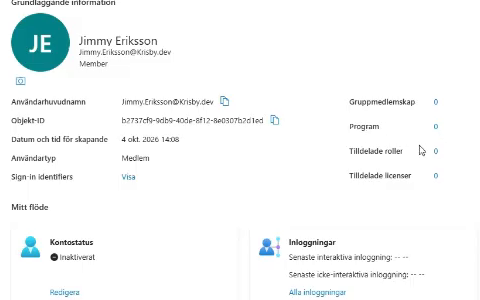 Recording excerpt at 04:26: Jimmy Eriksson's Entra account status is Disabled (Inaktiverat).