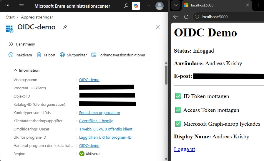 OIDC Demo — App Registration i Microsoft Entra ID och den körande Flask-applikationen med lyckad inloggning, ID Token, Access Token och Microsoft Graph-anrop
